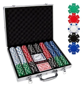 Poker chips, button & cards